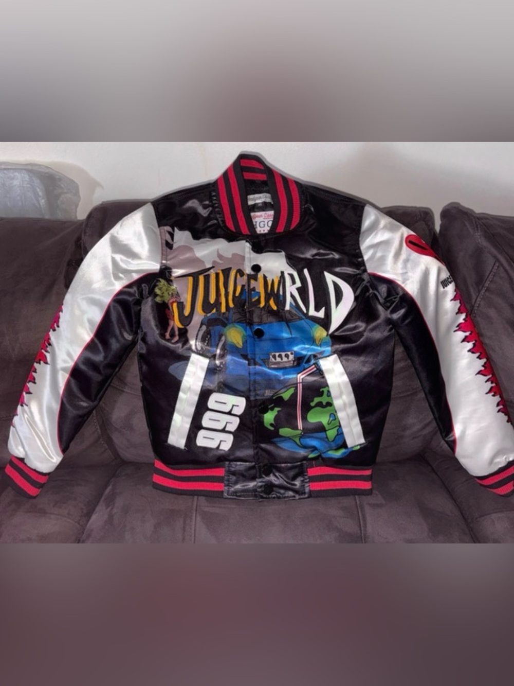 Juice WRLD Graphic Satin Bomber Jacket - Black, White, Blue